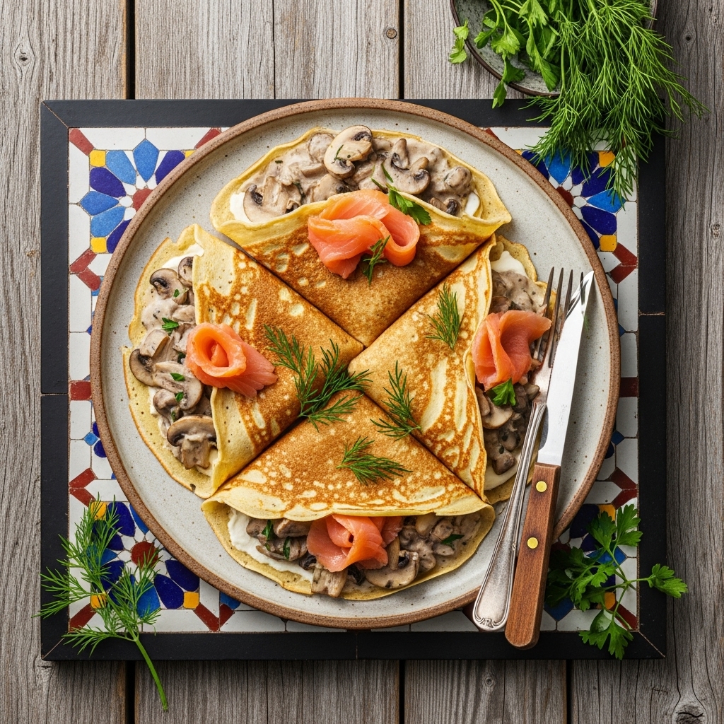 Gluten-Free Polish Brunch: Delicious Crêpes with Mushroom Stroganoff & Smoked Salmon